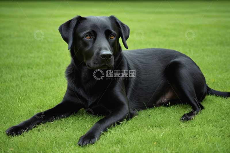 高清大图下载【趣麦麦图】草地上趴着的黑色拉布拉多犬