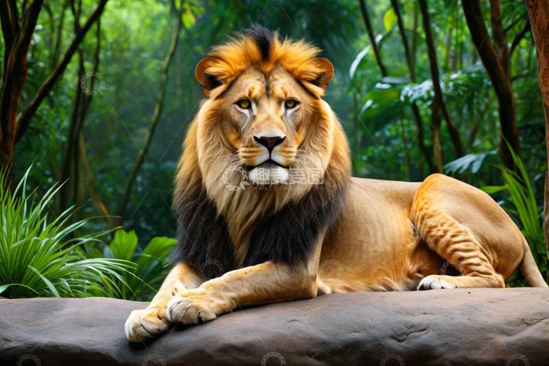 高清大图下载【趣麦麦图】丛林中休憩的雄狮