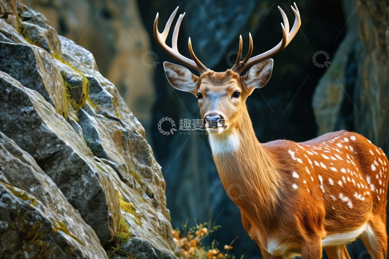 高清大图下载【趣麦麦图】岩石旁带鹿角的梅花鹿