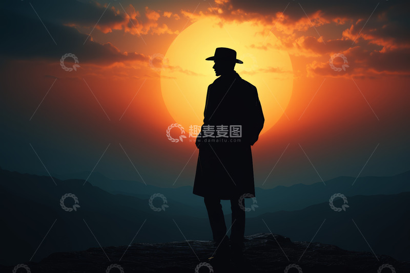 高清大图下载【趣麦麦图】男子夕阳下山顶站立剪影