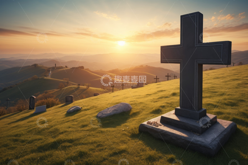 高清大图下载【趣麦麦图】山坡墓地夕阳风景