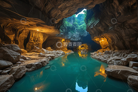 地下溶洞内的清澈水域景观
