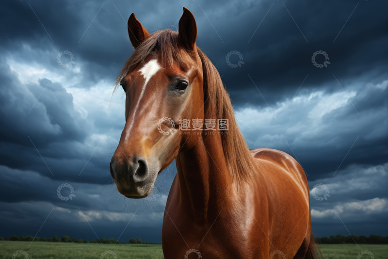高清大图下载【趣麦麦图】乌云下的棕色骏马特写