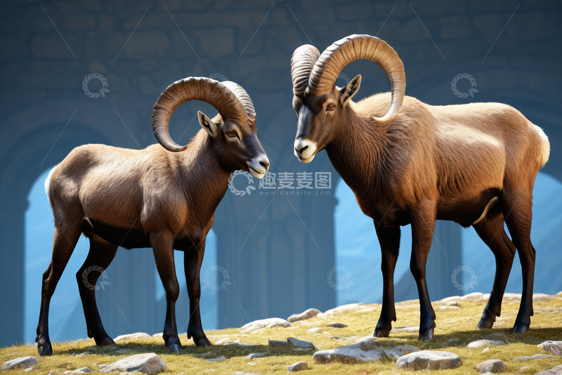 高清大图下载【趣麦麦图】两只盘羊相对站立场景
