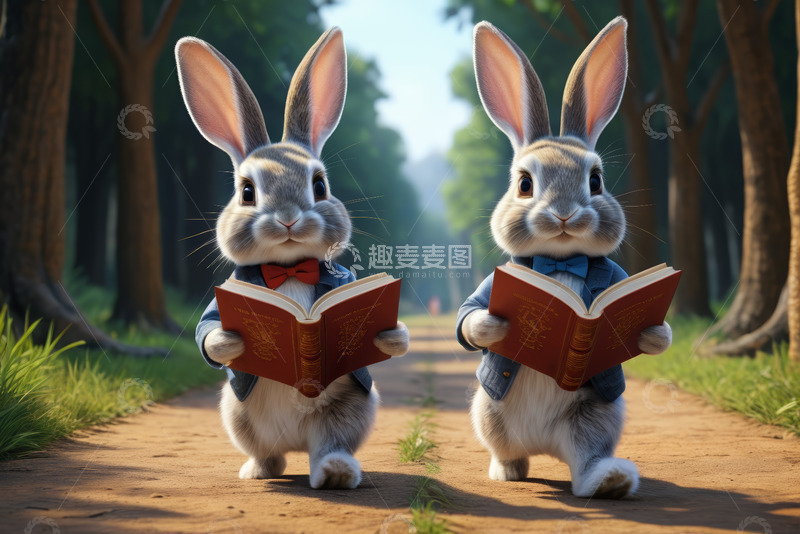高清大图下载【趣麦麦图】森林中阅读的动画兔子
