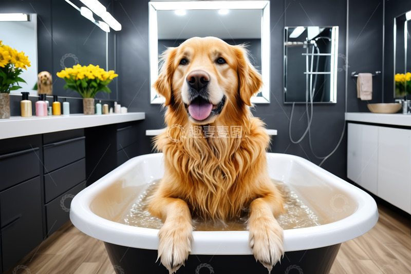 高清大图下载【趣麦麦图】金毛犬在浴室浴缸中洗澡