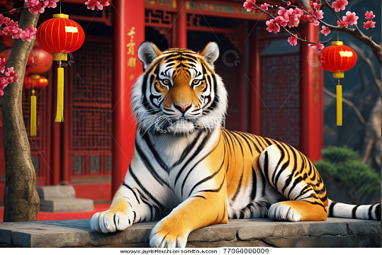 中式建筑前休憩的老虎