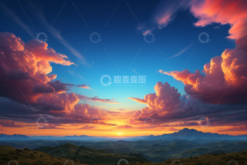 高清大图下载【趣麦麦图】壮丽晚霞下的山峦风光