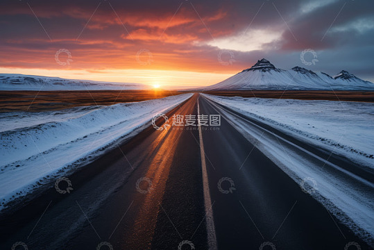 雪地公路上的日落景观