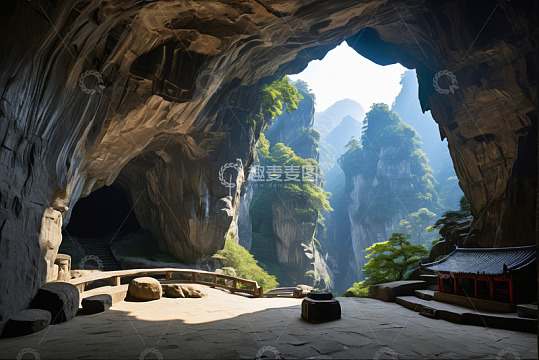 山洞内眺望山林景观