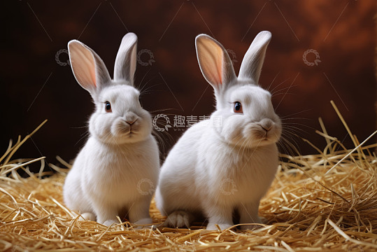 两只白兔坐于干草上