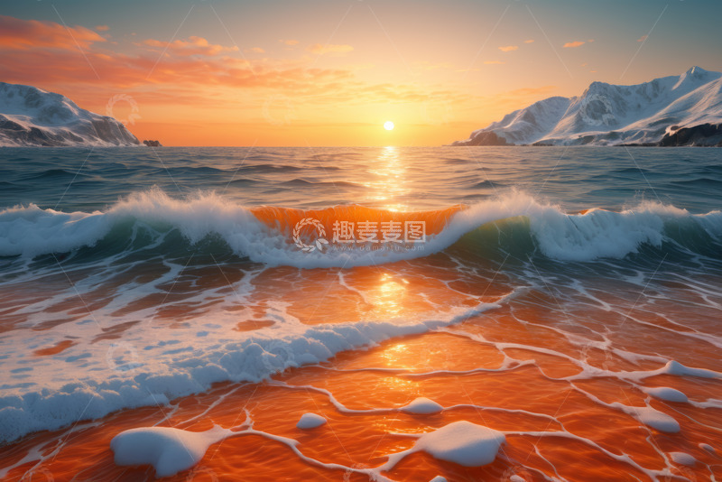 高清大图下载【趣麦麦图】海边日出时海浪与雪山景观
