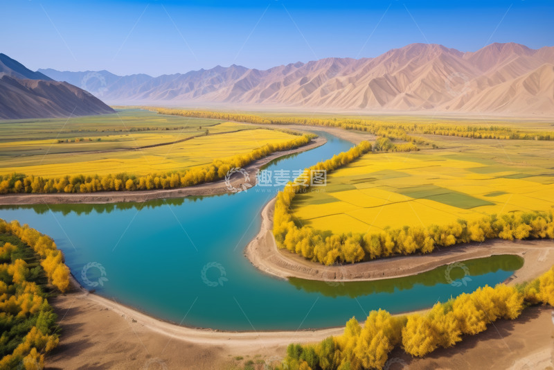 高清大图下载【趣麦麦图】航拍河流穿过金黄田野与山脉