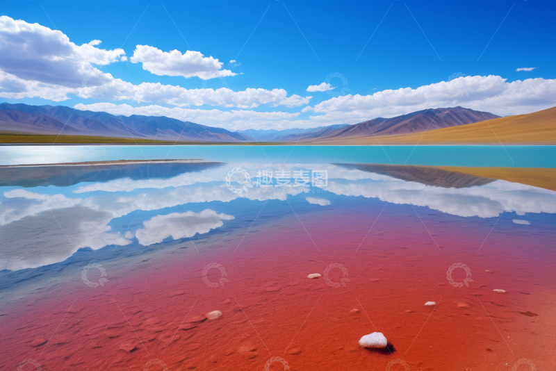 高清大图下载【趣麦麦图】蓝天雪山下的红湖水景