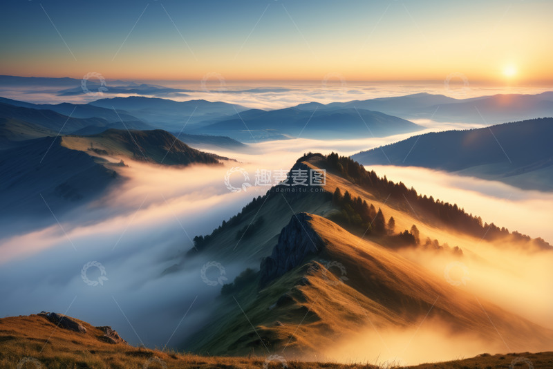 高清大图下载【趣麦麦图】晨曦中云雾缭绕的山景