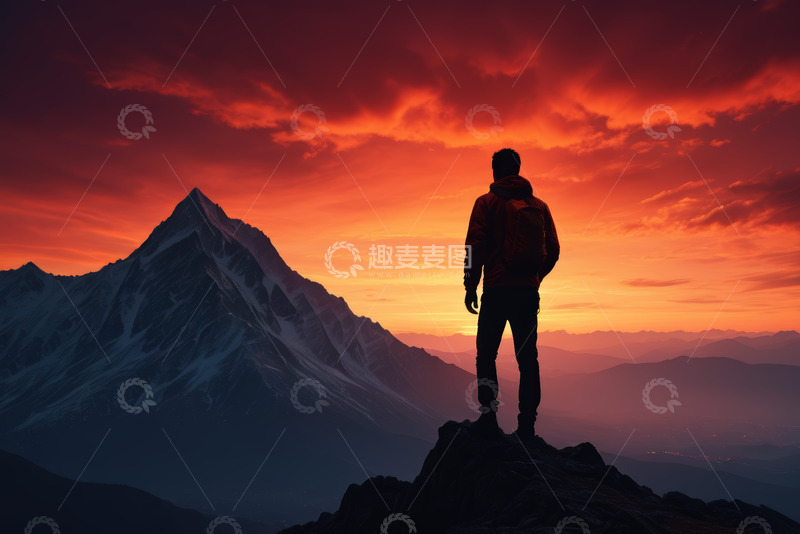 高清大图下载【趣麦麦图】山顶背包旅人眺望壮丽山景