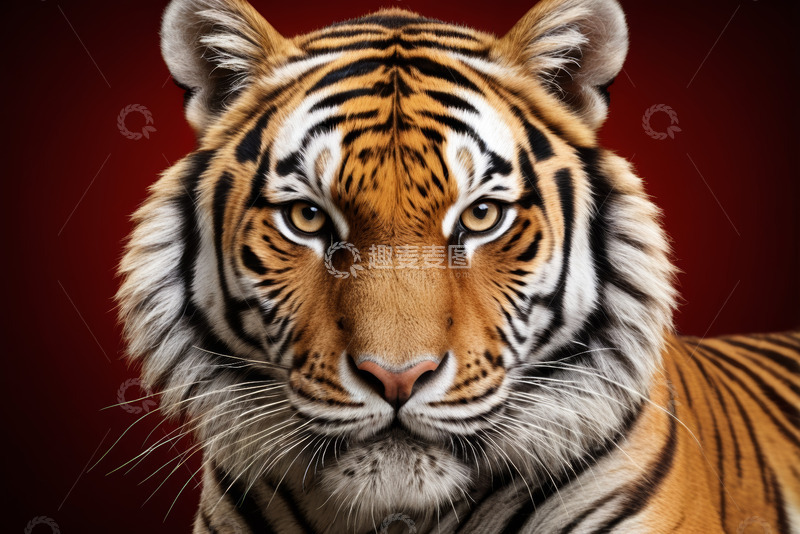 高清大图下载【趣麦麦图】红色背景前的老虎特写