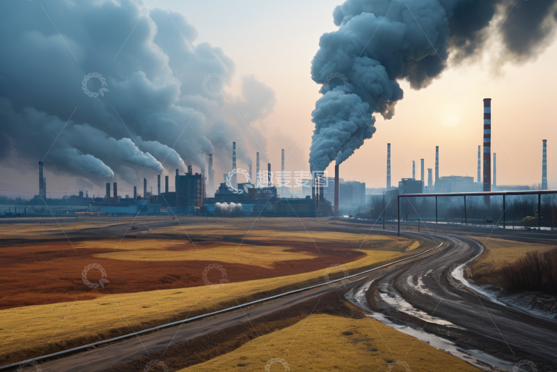 高清大图下载【趣麦麦图】工业区烟囱排放烟雾场景
