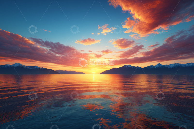 高清大图下载【趣麦麦图】日落时分湖面与远山美景