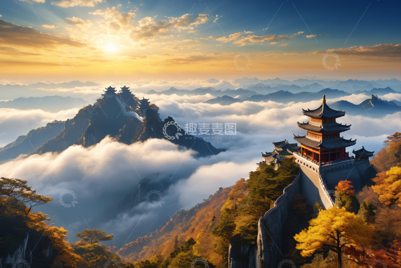 高清大图下载【趣麦麦图】老君山云海与古建筑景观