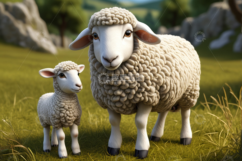 高清大图下载【趣麦麦图】草地上的母羊与小羊