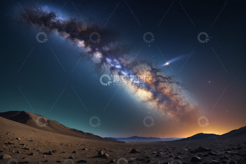高清大图下载【趣麦麦图】沙漠夜空下的星系与流星景观