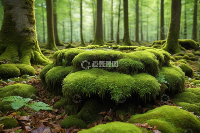 高清大图下载【趣麦麦图】森林中覆盖苔藓的树桩景观