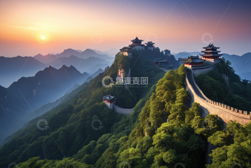 高清大图下载【趣麦麦图】山间古建筑群与日落景观