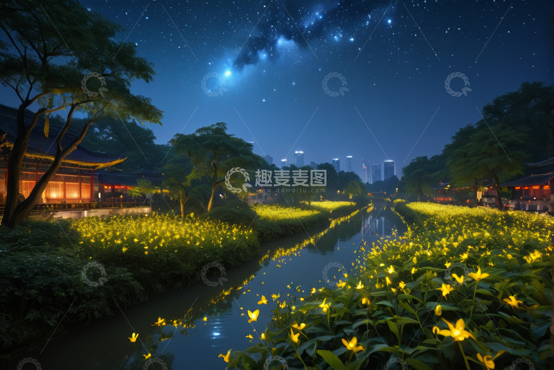 高清大图下载【趣麦麦图】夜景中式建筑旁河流与萤火虫