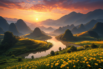 山间河畔日出田园风光