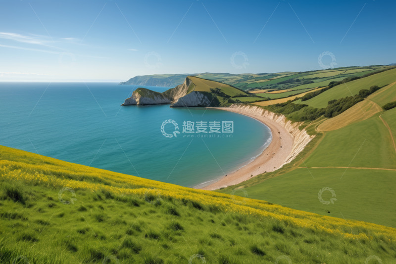 高清大图下载【趣麦麦图】海岸边绿色山丘与蓝色海洋景观