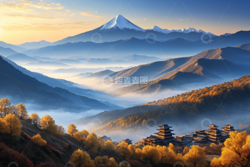 高清大图下载【趣麦麦图】山间古建筑与雪山风光