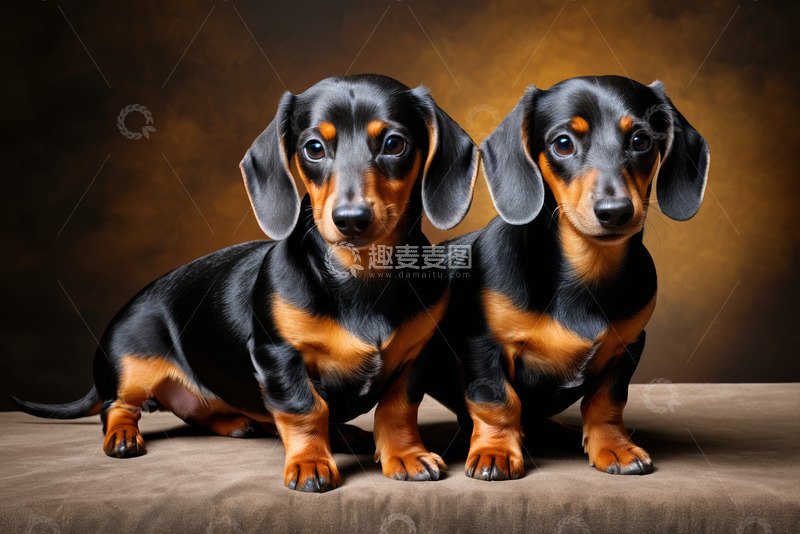 高清大图下载【趣麦麦图】两只腊肠犬并排蹲坐