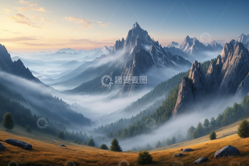 高清大图下载【趣麦麦图】山间晨雾缭绕自然风光