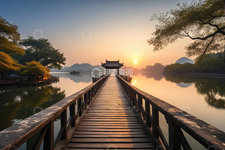 湖边木桥通向中式亭子日出景象