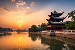河畔古亭日落景色