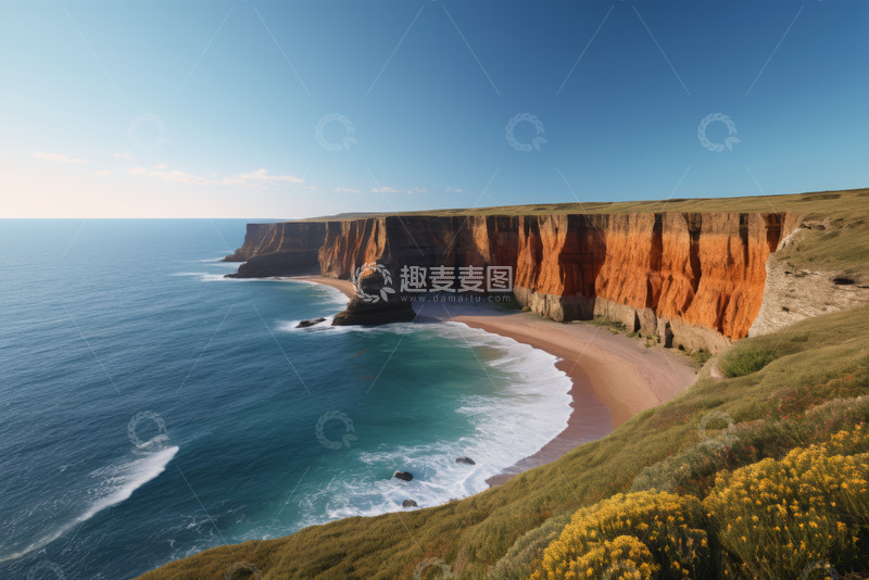 高清大图下载【趣麦麦图】海岸边的红色悬崖与沙滩景观