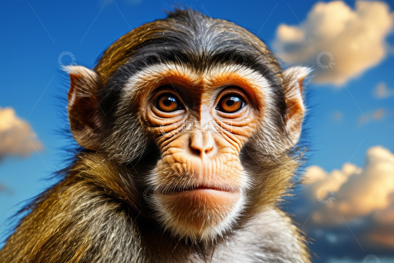 高清大图下载【趣麦麦图】近景猴子特写蓝天白云背景