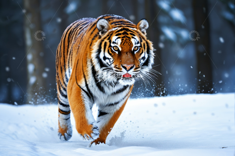 高清大图下载【趣麦麦图】雪地中奔跑的老虎
