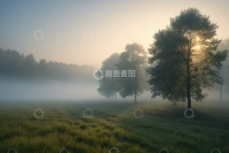 高清大图下载【趣麦麦图】晨雾中森林与草地景观