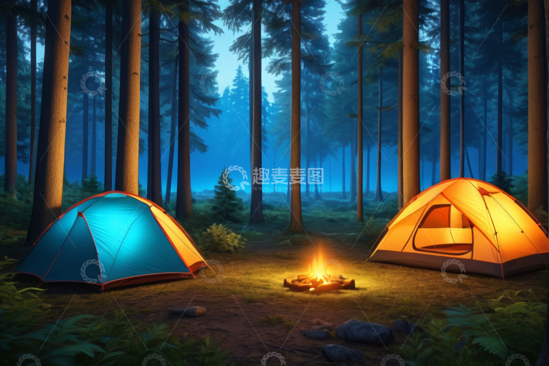 高清大图下载【趣麦麦图】森林中露营帐篷与篝火场景
