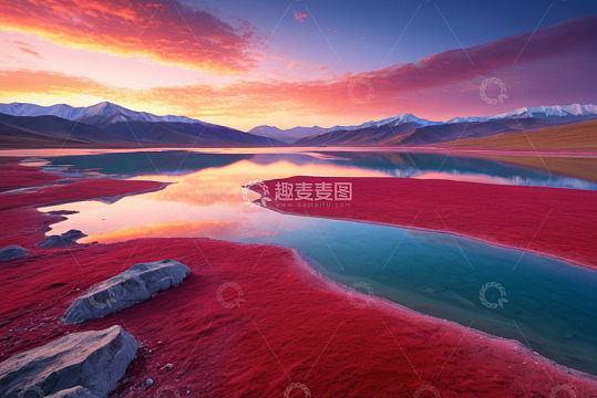 红色湖泊与雪山日落景观