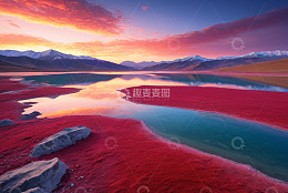 红色湖泊与雪山日落景观