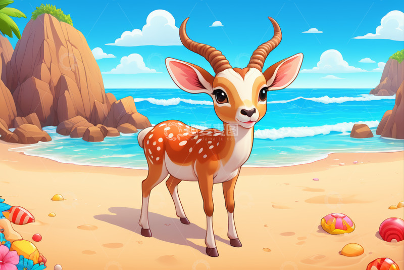 高清大图下载【趣麦麦图】海边沙滩上的动画小鹿