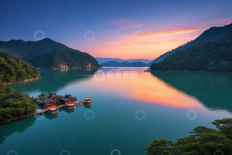 高清大图下载【趣麦麦图】山水间湖畔古建筑风景