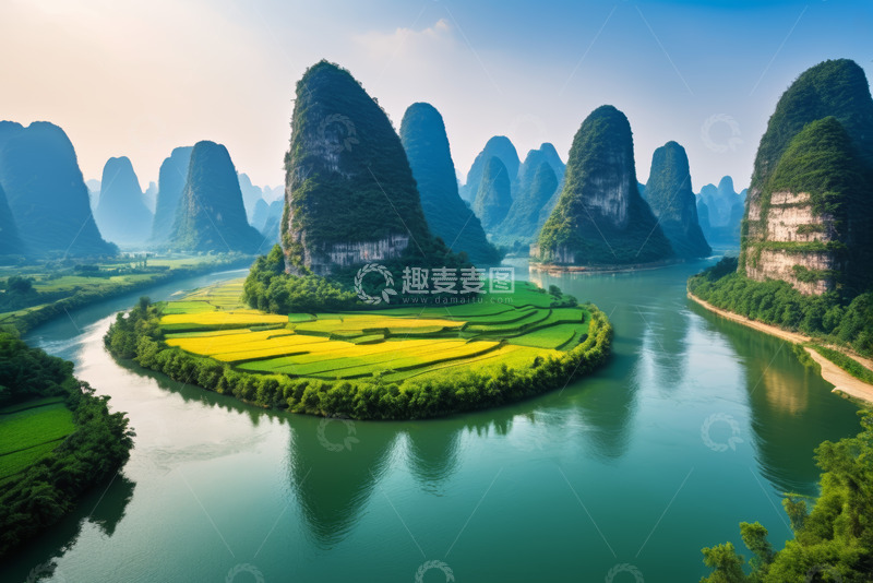 高清大图下载【趣麦麦图】桂林山水间河流田野风光