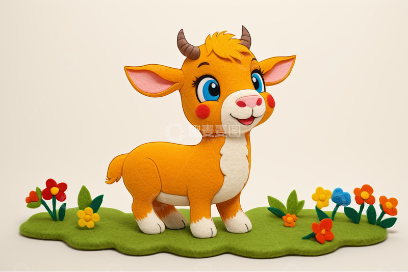 高清大图下载【趣麦麦图】卡通小牛站在花草丛中