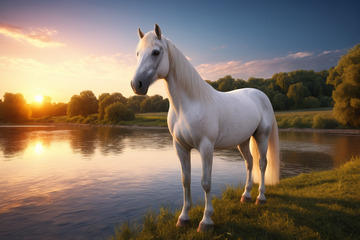 河畔夕阳下的白马