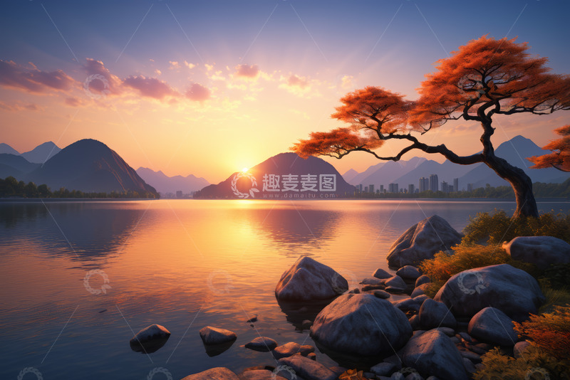 高清大图下载【趣麦麦图】湖畔夕阳下的孤树与远山风景