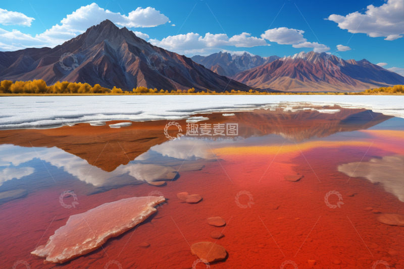 高清大图下载【趣麦麦图】雪山下的红色水域自然景观